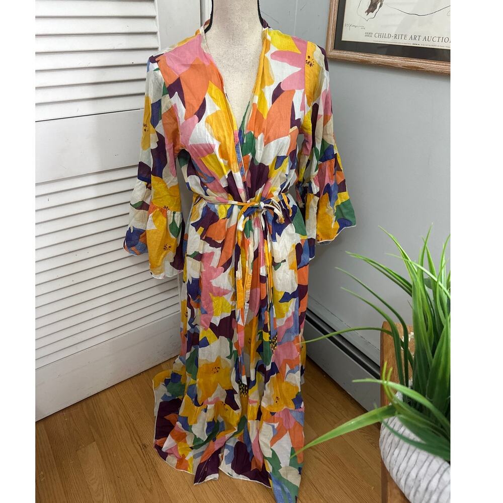 True Destinations Cover Up Wrap Dress Womens Small Colorful Abstract Boho Resort